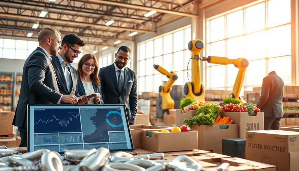 A hyper-realistic depiction of a modern supply chain innovation hub focused on food consumer packaged goods. In the foreground, a diverse group of professionals in business attire collaborates around a digital display showing analytics and logistics maps, symbolizing teamwork and innovation. In the middle, dynamic robotic arms efficiently move boxes of fresh produce, illustrating automation in the supply chain. The background features a large, bright warehouse with large windows, sunlight streaming in, creating a warm and optimistic atmosphere. Bright colors emphasize freshness, and sleek design elements reflect cutting-edge technology. Use a wide-angle lens to capture the bustling environment, with soft lighting highlighting the professionals’ expressions of determination and creativity. A hyper-realistic depiction of a modern supply chain innovation hub focused on food consumer packaged goods. In the foreground, a diverse group of professionals in business attire collaborates around a digital display showing analytics and logistics maps, symbolizing teamwork and innovation. In the middle, dynamic robotic arms efficiently move boxes of fresh produce, illustrating automation in the supply chain. The background features a large, bright warehouse with large windows, sunlight streaming in, creating a warm and optimistic atmosphere. Bright colors emphasize freshness, and sleek design elements reflect cutting-edge technology. Use a wide-angle lens to capture the bustling environment, with soft lighting highlighting the professionals’ expressions of determination and creativity.