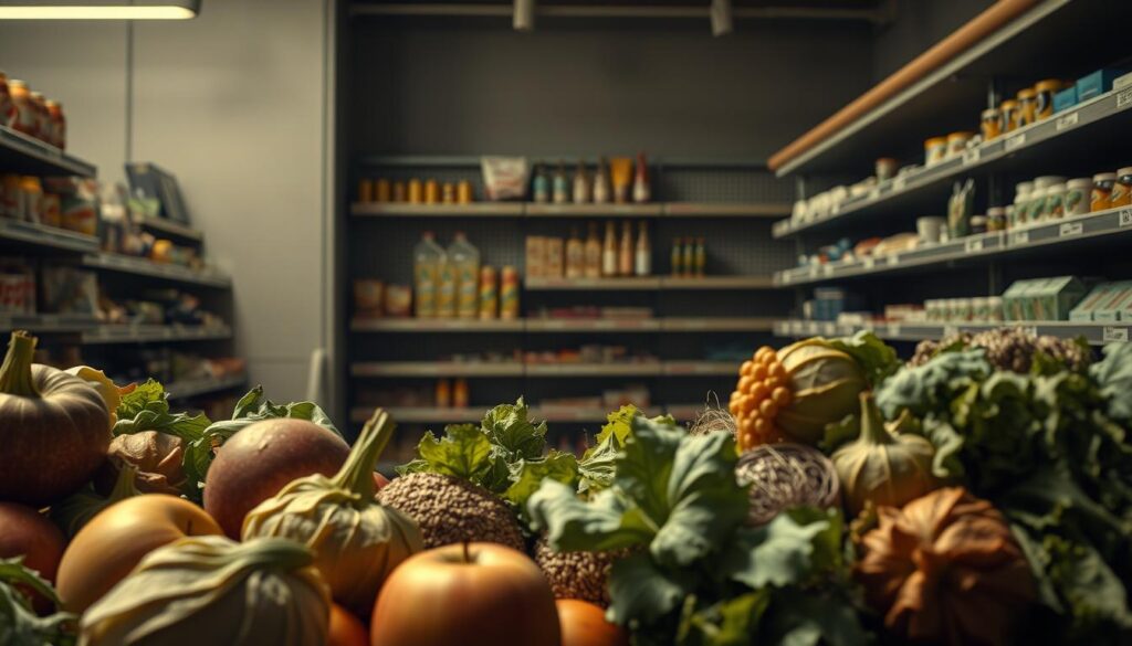 A hyper-realistic image representing "declining nutritional trends." In the foreground, a variety of wilted, fresh produce like apples, lettuce, and grains, symbolizing declining health choices. In the middle, a vintage grocery store shelf, dusty and sparsely stocked, showcasing outdated health food items and empty spaces where products once thrived. In the background, a dimly lit aisle with subtle shadows, conveying a sense of neglect. Soft lighting casts a melancholic glow, while an angle from slightly above captures both the emptiness and the disarray. The atmosphere feels somber yet thought-provoking, inviting the viewer to reflect on the future of nutrition by 2026. No human subjects present. A hyper-realistic image representing "declining nutritional trends." In the foreground, a variety of wilted, fresh produce like apples, lettuce, and grains, symbolizing declining health choices. In the middle, a vintage grocery store shelf, dusty and sparsely stocked, showcasing outdated health food items and empty spaces where products once thrived. In the background, a dimly lit aisle with subtle shadows, conveying a sense of neglect. Soft lighting casts a melancholic glow, while an angle from slightly above captures both the emptiness and the disarray. The atmosphere feels somber yet thought-provoking, inviting the viewer to reflect on the future of nutrition by 2026. No human subjects present.