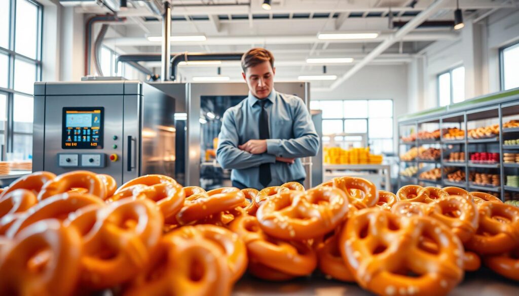 A hyper-realistic image showcasing Reading Bakery System's innovative LPE Technology in a modern bakery setting. In the foreground, beautifully arranged pretzel snacks in various shapes and sizes, glistening with a light sheen, hinting at freshness. The middle ground features advanced machinery designed for LPE processing, with sleek metallic surfaces and digital screens displaying data. A skilled technician in professional attire inspects the machine, focused on the process, with a confident expression. The background reveals a well-lit, spacious bakery environment, large windows letting in natural light, and colorful pretzel products on display. The atmosphere is vibrant and industrious, hinting at innovation and efficiency, with soft, warm lighting highlighting the technological advancements.
