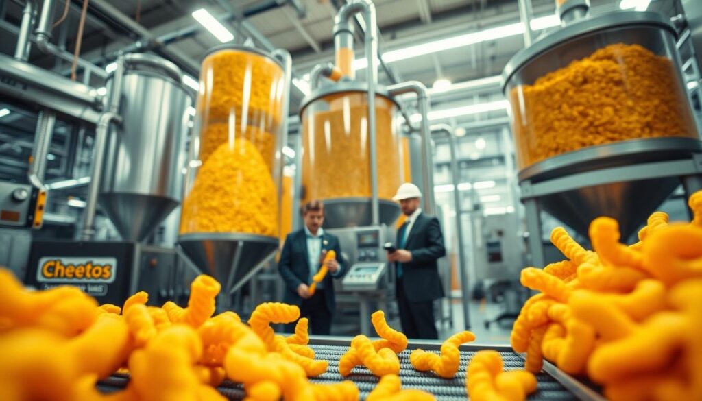 A detailed view of the Cheetos manufacturing process inside a vibrant factory. In the foreground, golden-orange Cheetos snacks cascade down a conveyor belt, featuring their signature puffed texture and bright color. In the middle ground, workers in professional business attire monitor the machines, ensuring quality control. They are surrounded by large silos filled with ingredients like cornmeal, cheese powder, and spices, all highlighted in bright colors to emphasize their freshness. The background features industrial machinery with pipes and conveyor belts, illuminated by bright, clean lighting for a sterile atmosphere. The scene captures a sense of efficiency and teamwork, evoking a feeling of mastery in the ingredient selection process for Cheetos. A perspective angle provides depth, showcasing the scale of production.