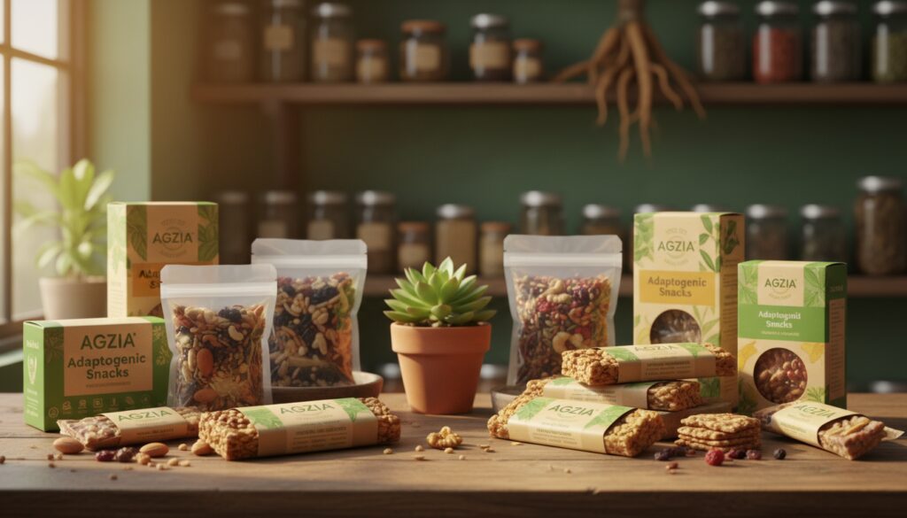 A vibrant display of AGZIA adaptogenic snack products, showcasing an assortment of health-focused snacks like granola bars, trail mix packs, and herbal-infused crackers. The foreground features beautifully arranged snack items in eco-friendly packaging, emphasizing natural ingredients like ashwagandha, reishi mushrooms, and ginseng. In the middle ground, a rustic wooden table adds warmth, adorned with a small potted plant for a fresh touch. The background includes softly blurred shelves filled with spices and herbs, hinting at the adaptogenic focus. Bright, natural lighting creates an inviting atmosphere, while a shallow depth of field highlights the snacks' textures and colors, suggesting a lifestyle centered around wellness and vitality.