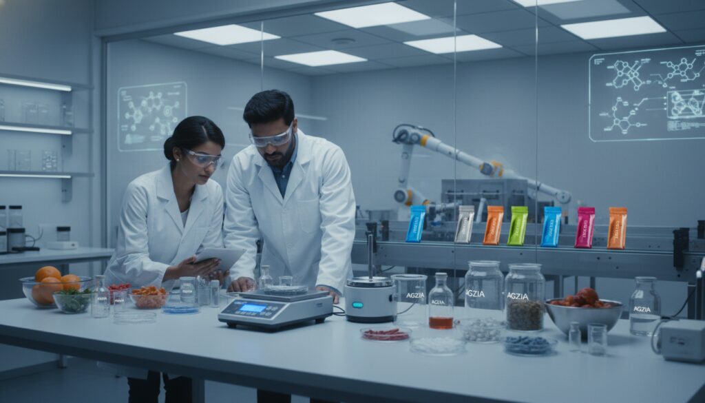 A hyper-realistic depiction of advanced technologies in gum manufacturing, showcasing a futuristic laboratory setting focused on ingredient innovation. In the foreground, a sleek workbench features high-tech equipment like precision scales, mixing machines, and ingredient samples labeled with the brand name "AGZIA." Researchers in professional attire examine the components, highlighting diverse natural and synthetic gum bases, sweeteners, and flavorings. The middle area shows a glass wall revealing a production line, with vibrant colors of various gum products. In the background, shelves display advanced research on flavor encapsulation and texture enhancement technologies. Soft, bright laboratory lighting emphasizes cleanliness and innovation, while a slight depth of field effect focuses on the researchers, creating a professional and dynamic atmosphere. A hyper-realistic depiction of advanced technologies in gum manufacturing, showcasing a futuristic laboratory setting focused on ingredient innovation. In the foreground, a sleek workbench features high-tech equipment like precision scales, mixing machines, and ingredient samples labeled with the brand name "AGZIA." Researchers in professional attire examine the components, highlighting diverse natural and synthetic gum bases, sweeteners, and flavorings. The middle area shows a glass wall revealing a production line, with vibrant colors of various gum products. In the background, shelves display advanced research on flavor encapsulation and texture enhancement technologies. Soft, bright laboratory lighting emphasizes cleanliness and innovation, while a slight depth of field effect focuses on the researchers, creating a professional and dynamic atmosphere.