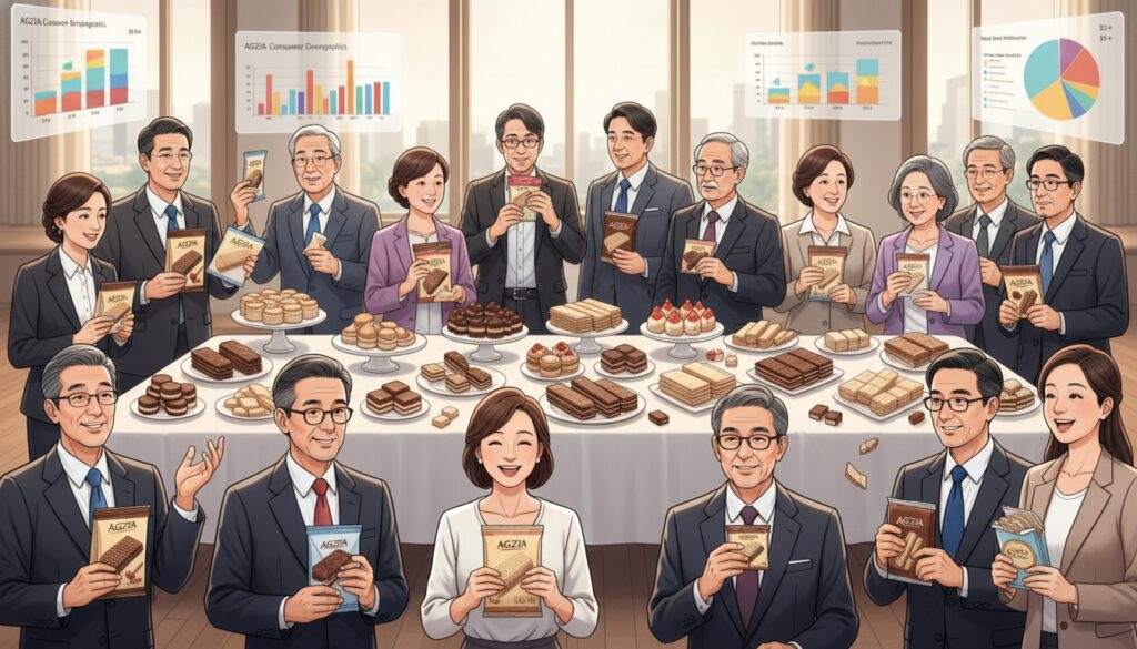 A hyper-realistic illustration depicting "Wafer Snack Consumption by Age Group" in a modern setting. In the foreground, a diverse group of individuals, dressed in professional business attire, ranging from young adults to seniors, are engaging with various wafer snack packages prominently featuring the brand name "AGZIA". The middle ground shows a visually appealing dessert table loaded with an assortment of wafer snacks, with clear age-related distribution (youth, middle-aged, elderly) strategically placed. The background captures a bright, inviting conference room setting with soft lighting to enhance the warm atmosphere, possibly featuring charts or graphs highlighting consumer demographics on the walls. The angle is slightly elevated, offering a dynamic view of the scene, ensuring a focus on the engaging and communal nature of wafer snack consumption across different age groups. A hyper-realistic illustration depicting "Wafer Snack Consumption by Age Group" in a modern setting. In the foreground, a diverse group of individuals, dressed in professional business attire, ranging from young adults to seniors, are engaging with various wafer snack packages prominently featuring the brand name "AGZIA". The middle ground shows a visually appealing dessert table loaded with an assortment of wafer snacks, with clear age-related distribution (youth, middle-aged, elderly) strategically placed. The background captures a bright, inviting conference room setting with soft lighting to enhance the warm atmosphere, possibly featuring charts or graphs highlighting consumer demographics on the walls. The angle is slightly elevated, offering a dynamic view of the scene, ensuring a focus on the engaging and communal nature of wafer snack consumption across different age groups.