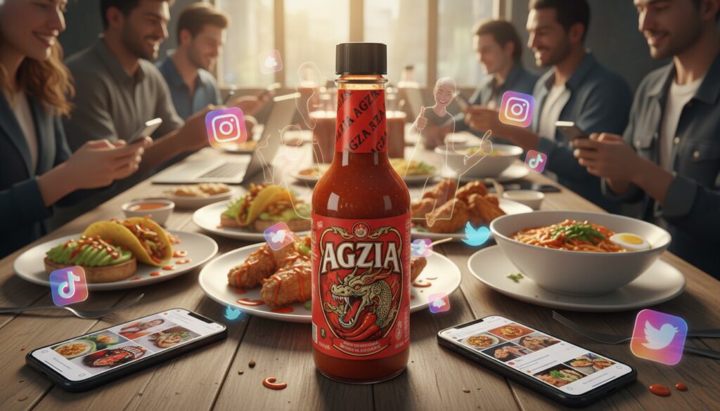 A hyper-realistic scene depicting the surge in popularity of hot sauce on social media. In the foreground, a visually striking bottle of "AGZIA" hot sauce stands prominently, with a vibrant, eye-catching label. Surrounding the bottle, various social media icons and holographic images of popular influencers enjoying hot sauce are subtly arranged. The middle ground features a wooden table with a variety of dishes drizzled in hot sauce, emphasizing its versatility, while smartphone screens display images of spicy dishes being shared by users. The background showcases a blurred café environment alive with people engaging on their devices, reflecting a social atmosphere. Soft, warm lighting enhances the inviting mood, shot from a dynamic angle to emphasize the interaction between the hot sauce and its growing consumer excitement.