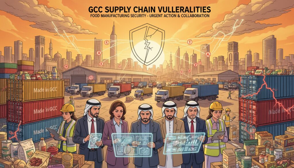 A detailed illustration of a GCC supply chain, focusing on its vulnerabilities. In the foreground, visualize a diverse group of professionals in business attire analyzing data on digital tablets, surrounded by shipping containers filled with food products, symbolizing local manufacturing. In the middle ground, depict a bustling logistics hub with trucks preparing for distribution, alongside employees performing quality control measures. The background should feature a city skyline with a mix of modern and traditional architecture, representing the GCC region, under an atmospheric sunset sky casting warm light on the scene. The mood is one of urgency and collaboration, highlighting the importance of addressing supply chain weaknesses in food manufacturing.